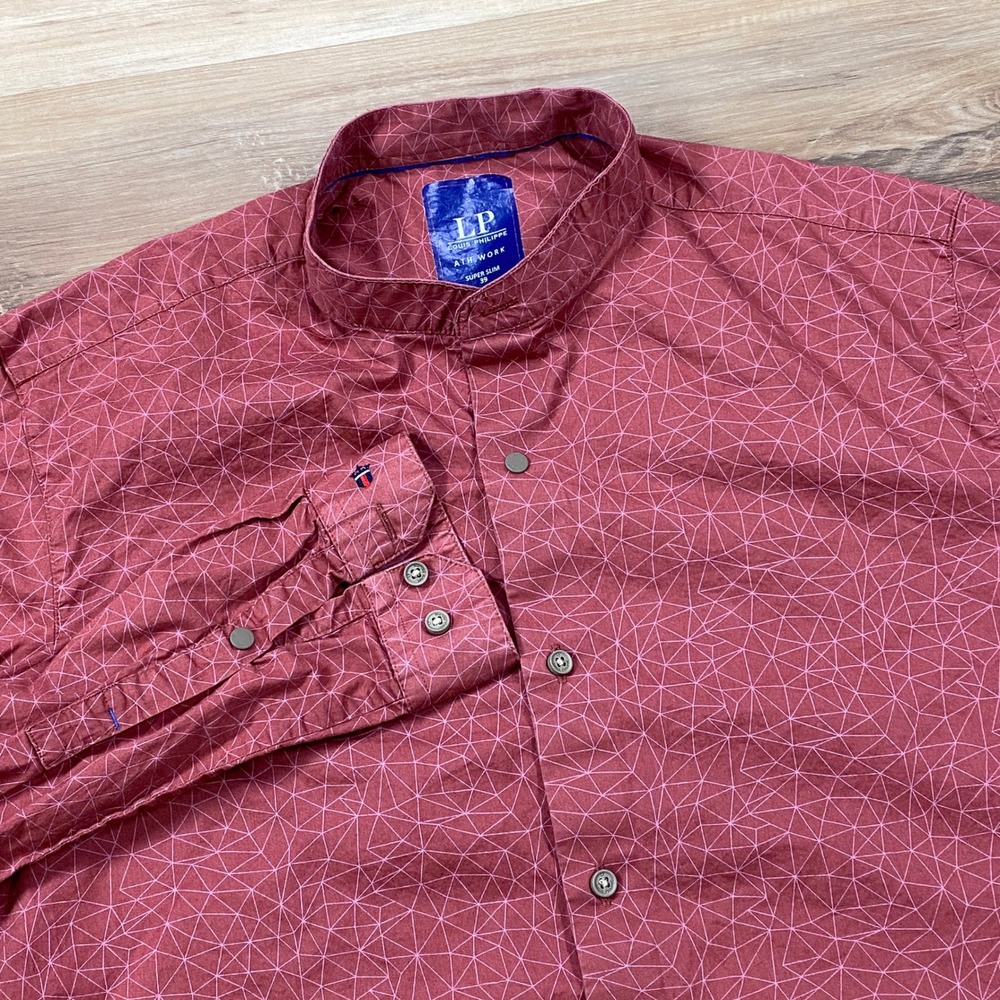 Louis Philippe Shirt Mens 39 Geometric Super Slim Fit Cotton Stretch Band Collar